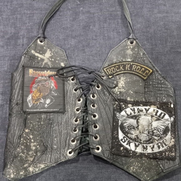 Custom rock n roll lynrd skynyrd Patches Leather Halter Vest Xsmall Small - Picture 2 of 12